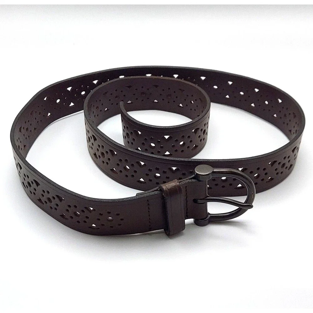 Vintage Leather Belt, Made in USA, Brown Cutout, Western Boho Belt, Womens Med